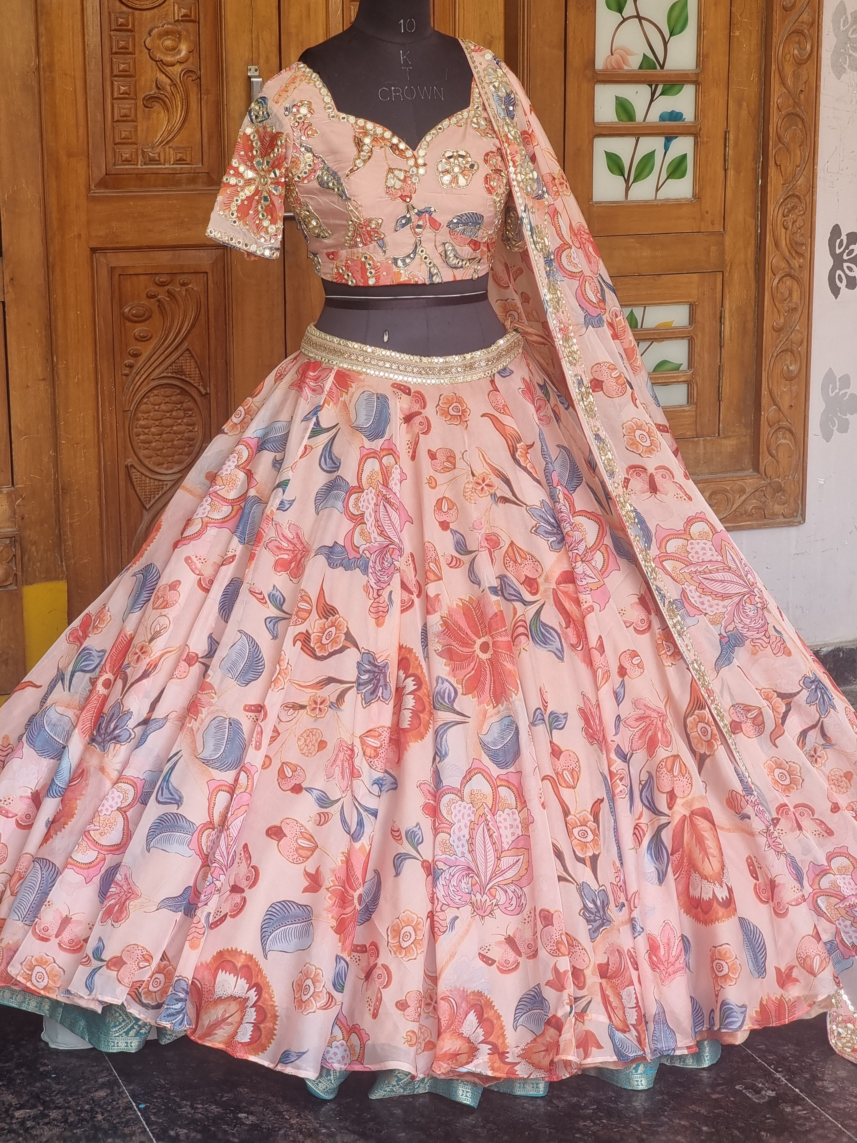 The Pallavi Peach Digital Print Lehenga with Hand-Mirrored Blouse