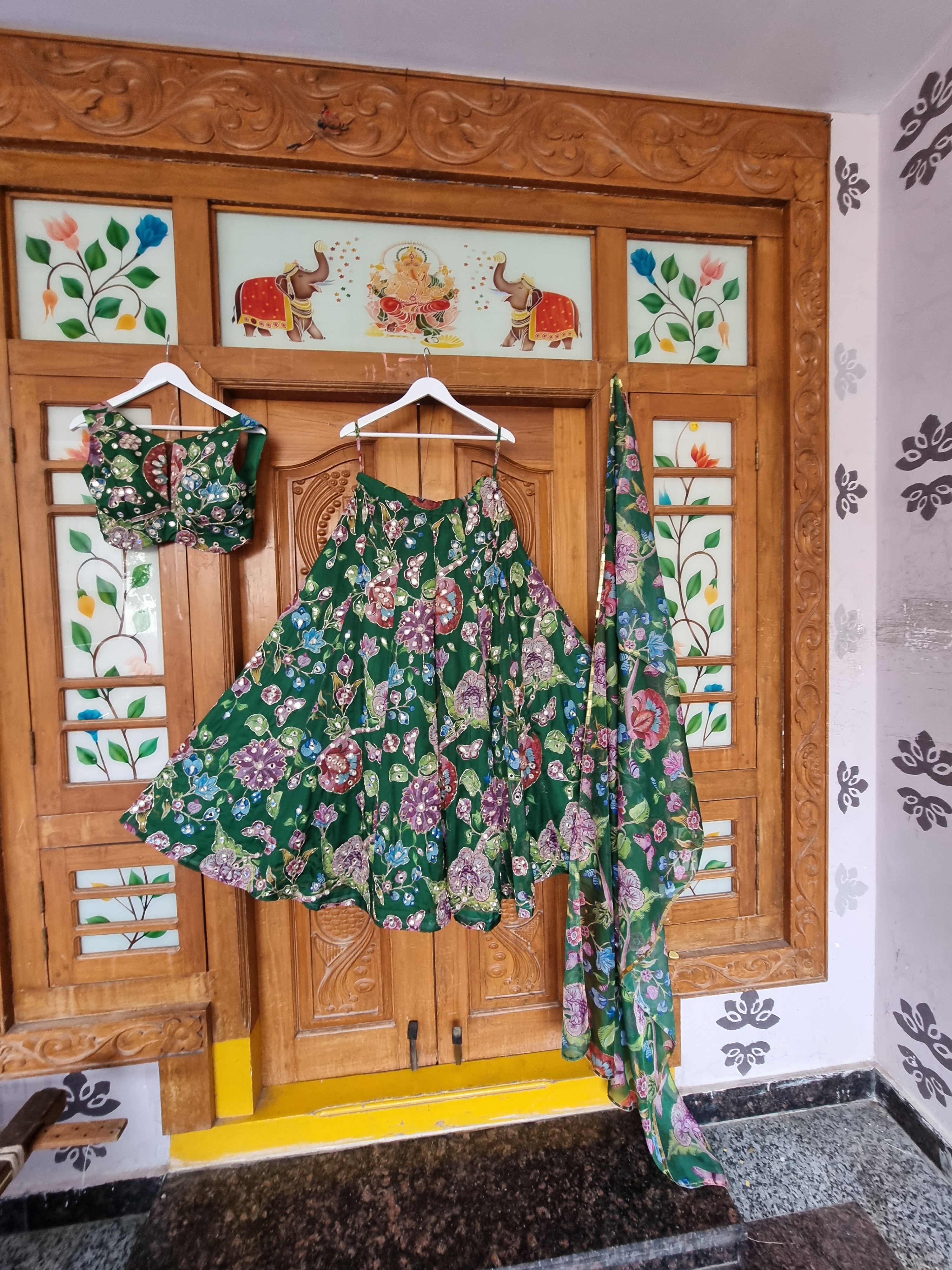 Sage Green Floral Printed Lehenga Set	Resha Forest Green Printed Lehenga Set