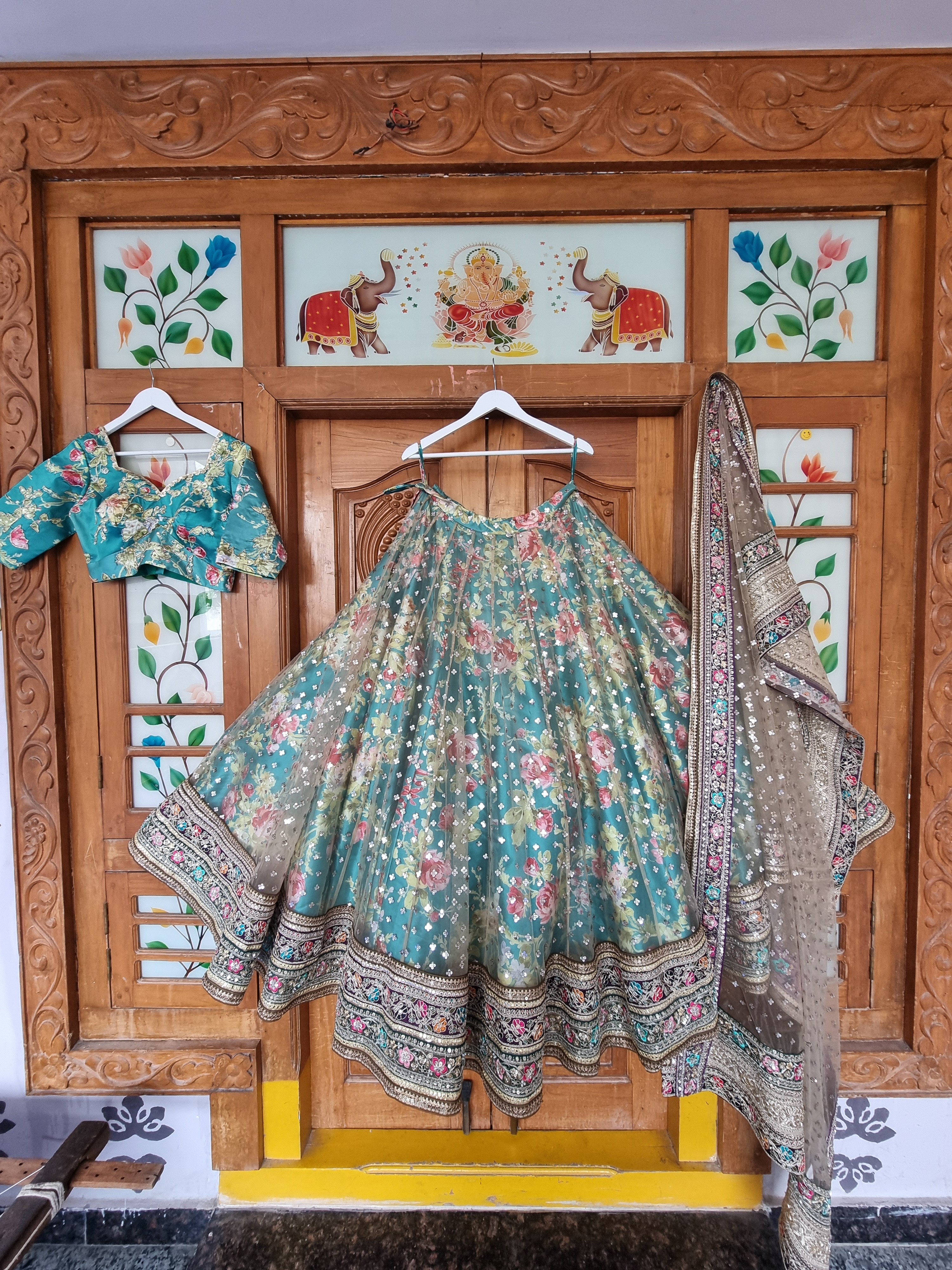 Sea Green Digital Floral Lehenga with Multi-Color Border Set