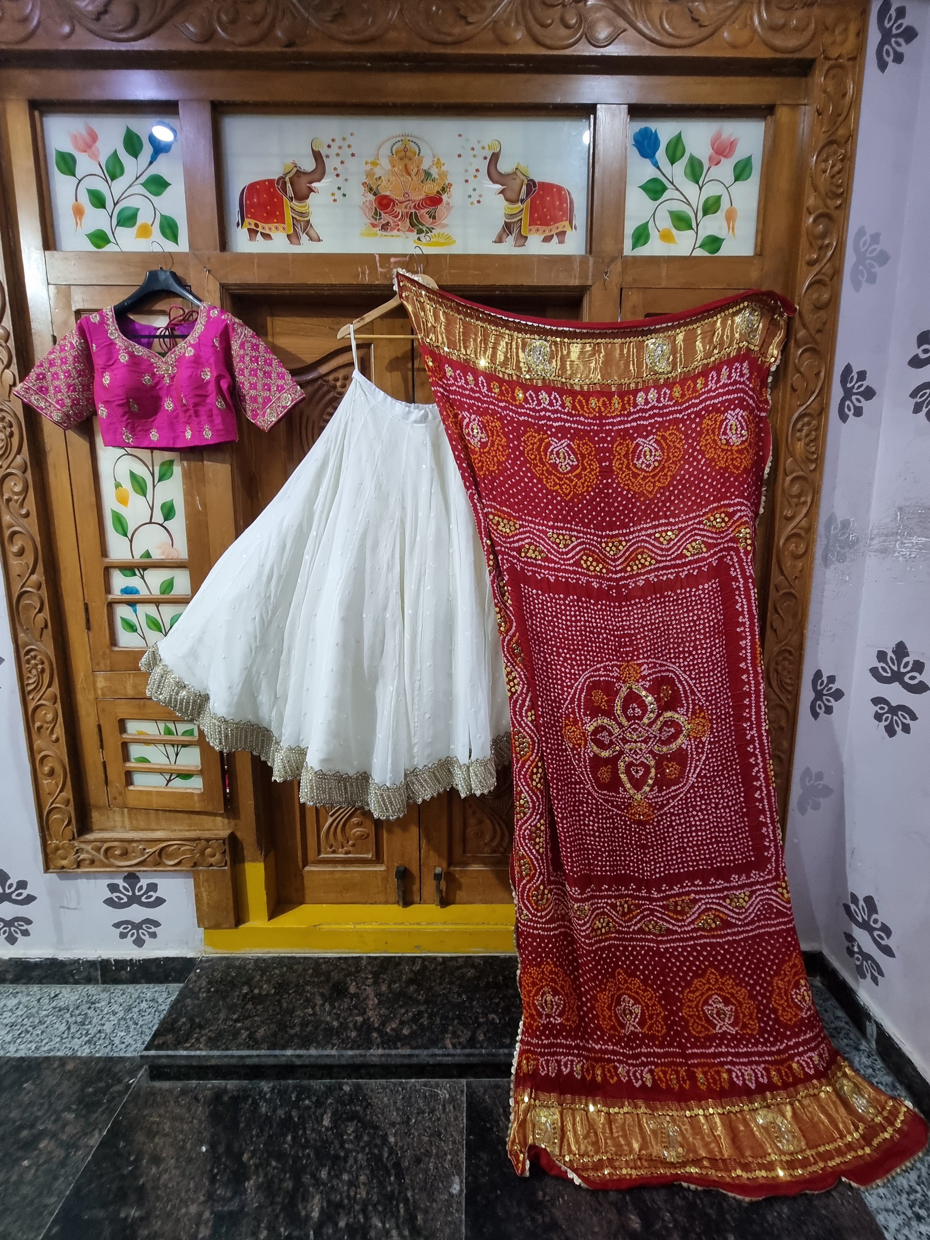 Off-White Organza Booti Lehenga with Magenta Bandhani Dupatta
