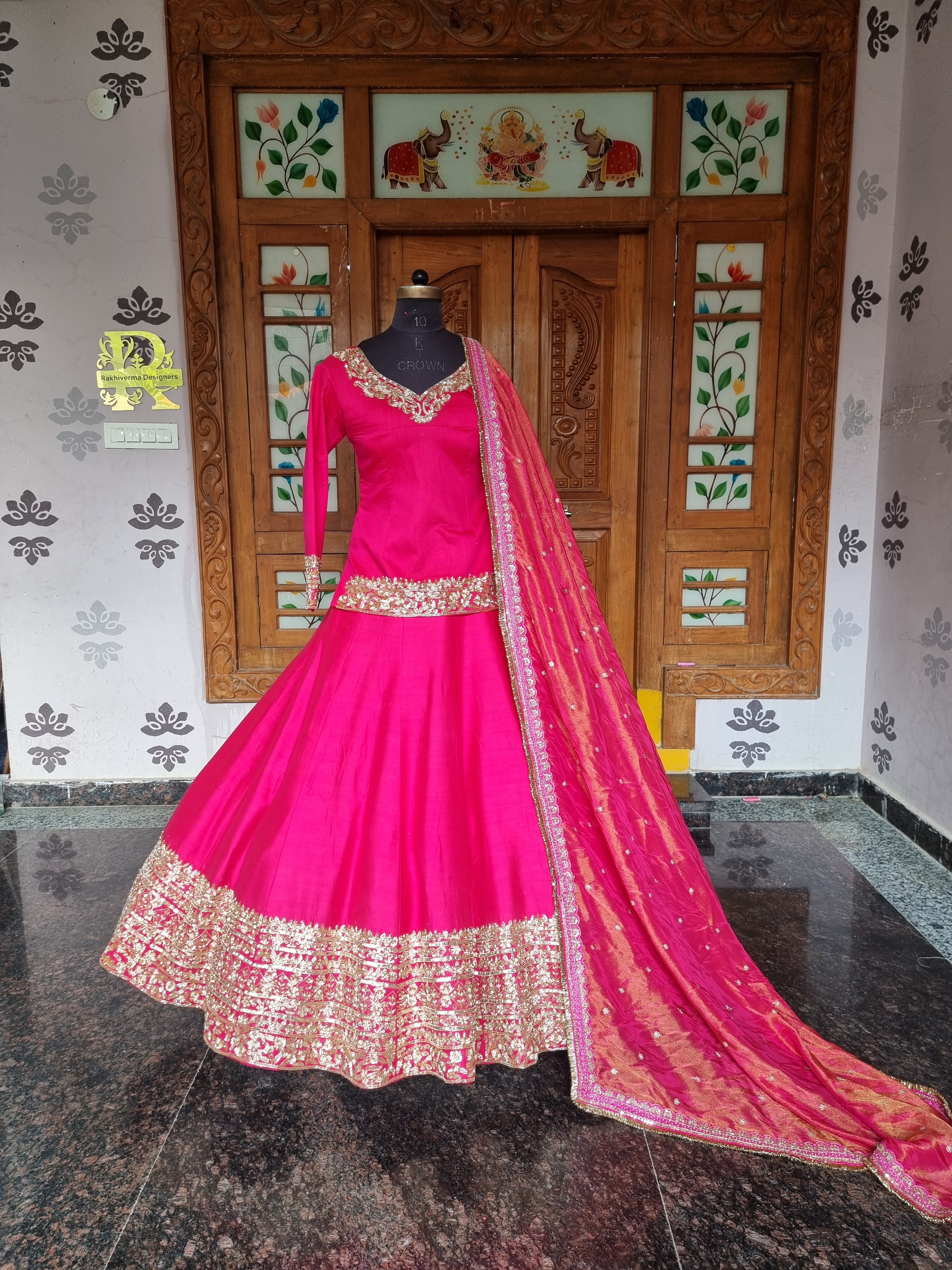 Magenta Pink Raw Silk Lehenga with Long Embroidered Kurti Set