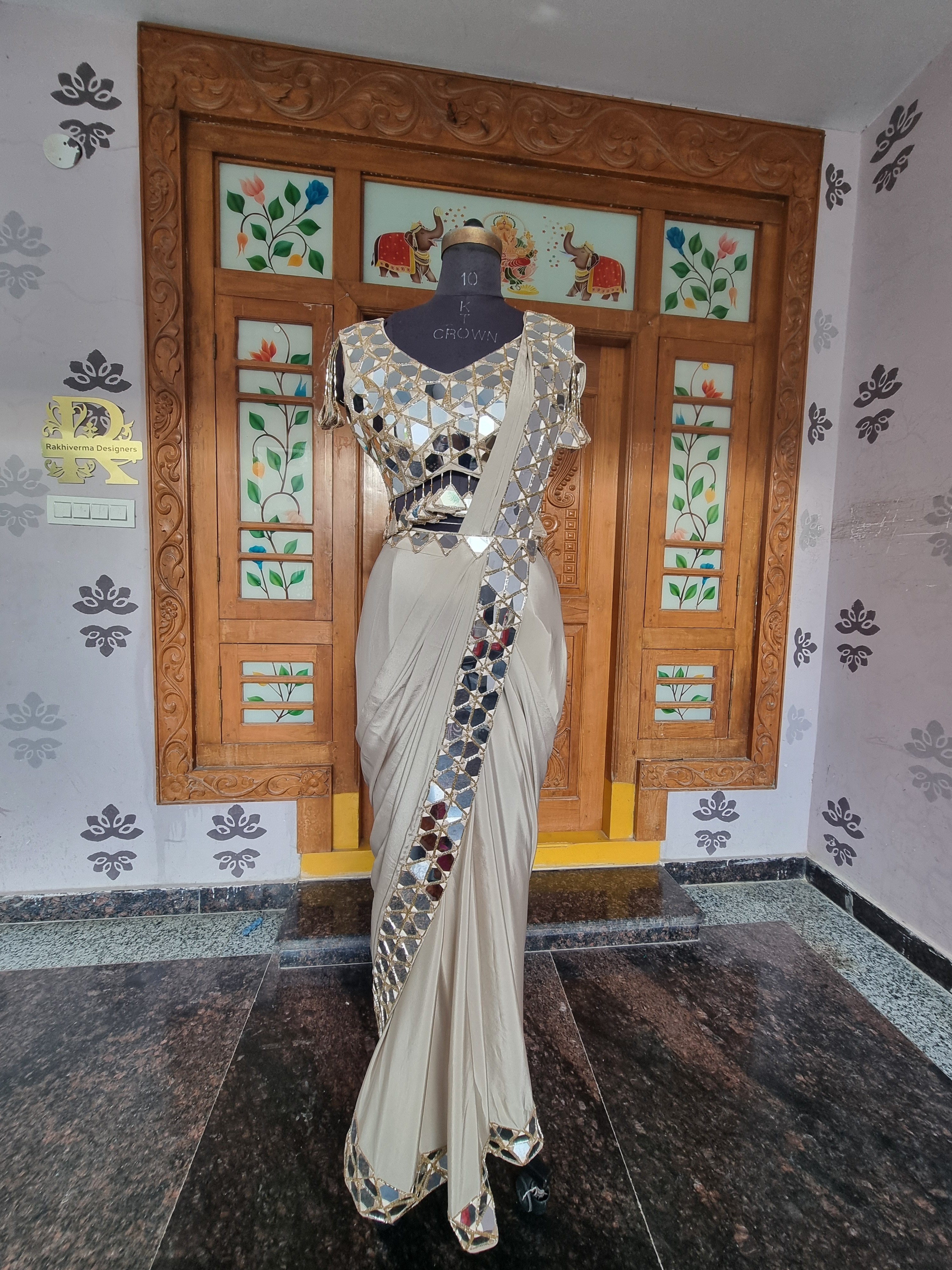 Pure Crepe Silk Stitched Saree with Mirror & Cut-Dana Hand Work