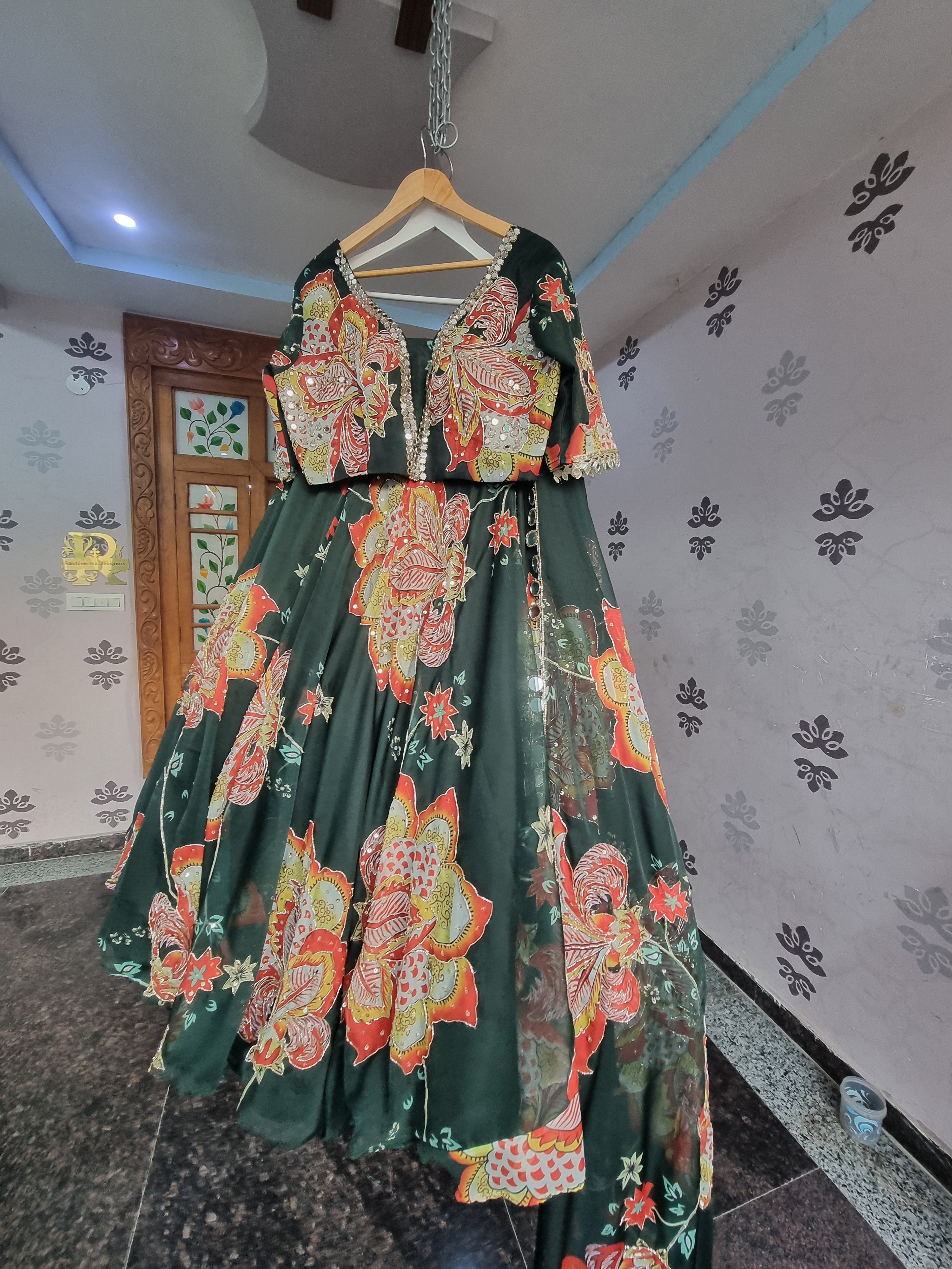 The Emerald Botanical – Mahima Mahajan Inspired Bottle Green Floral Lehenga