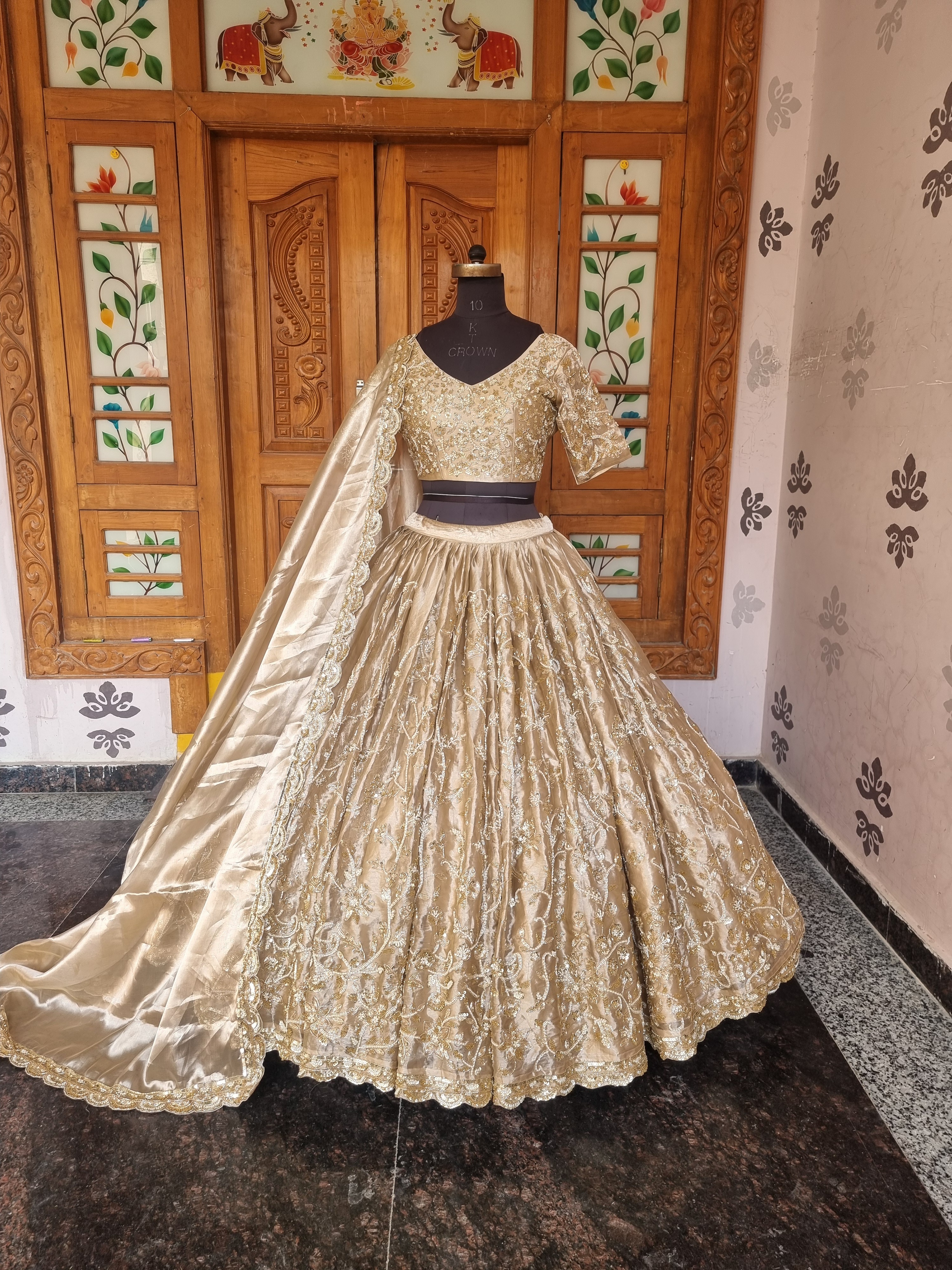 The Gilded Aura – Pure Golden Shining Tissue Lehenga with Drop Moti & Scallop Dupatta
