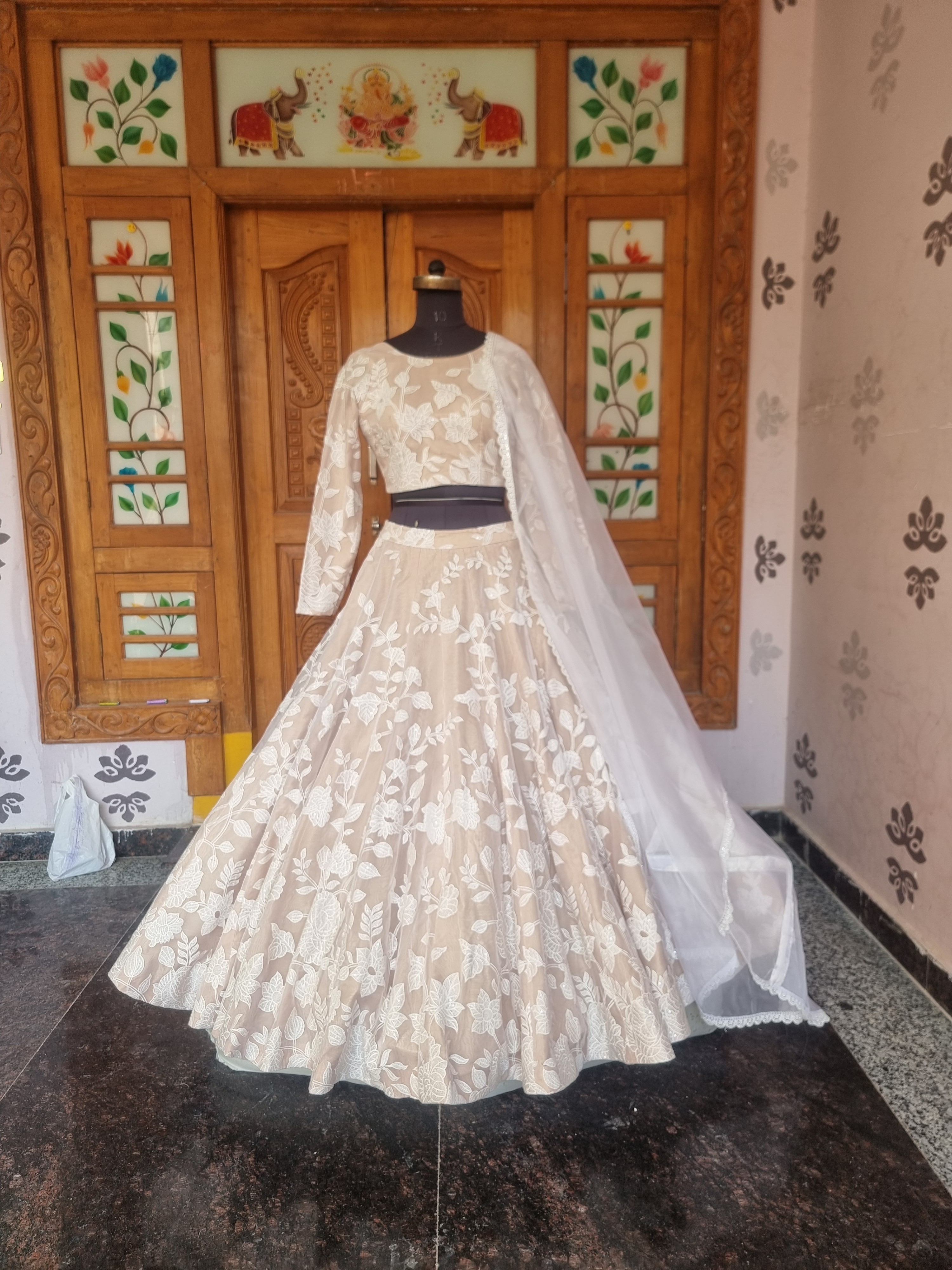 The Ivory Blossom – Golden Lehenga with White Resham Hand Work