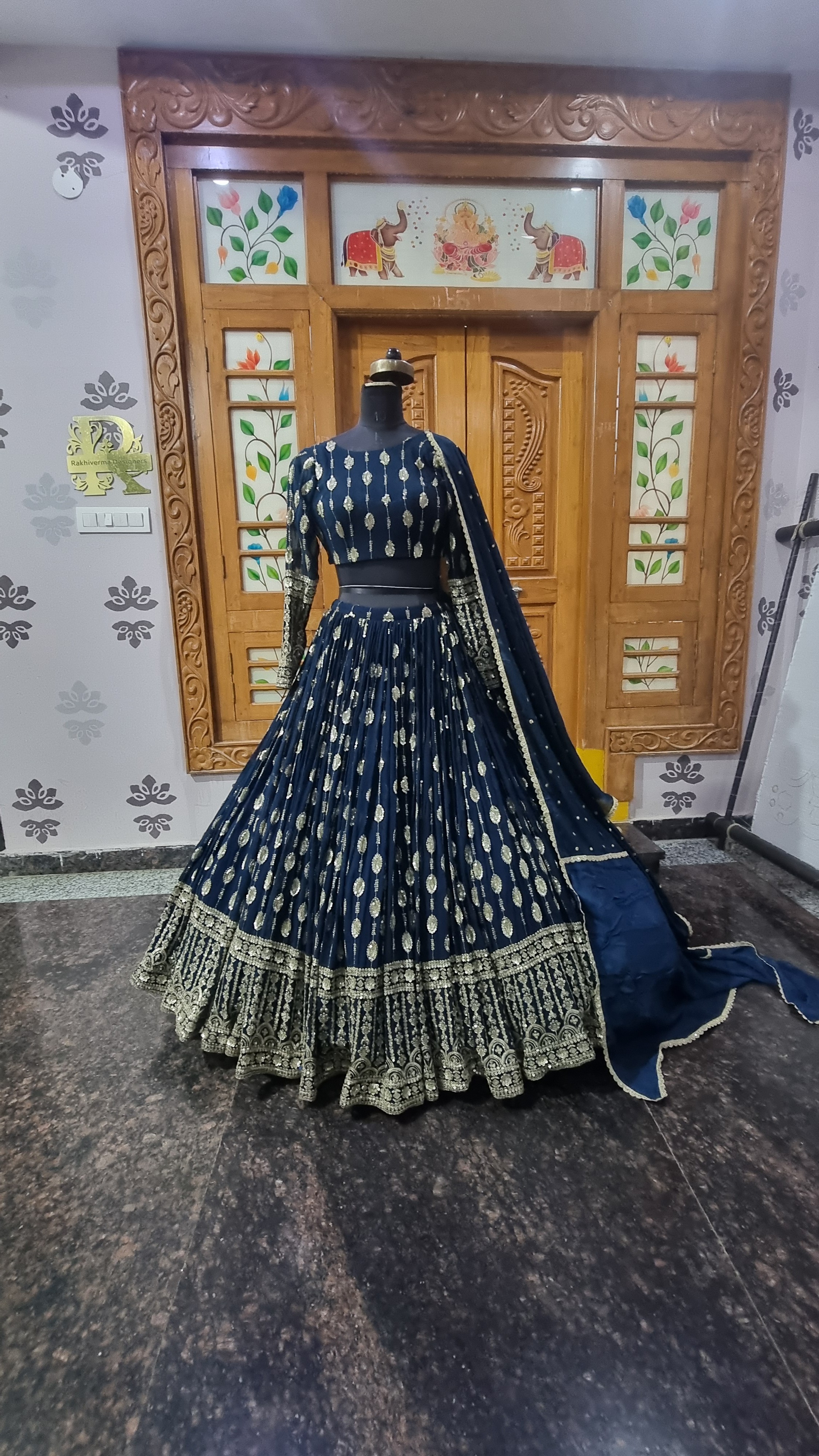 The Midnight Sparkle – Navy Blue Chinon Hand-Worked Lehenga