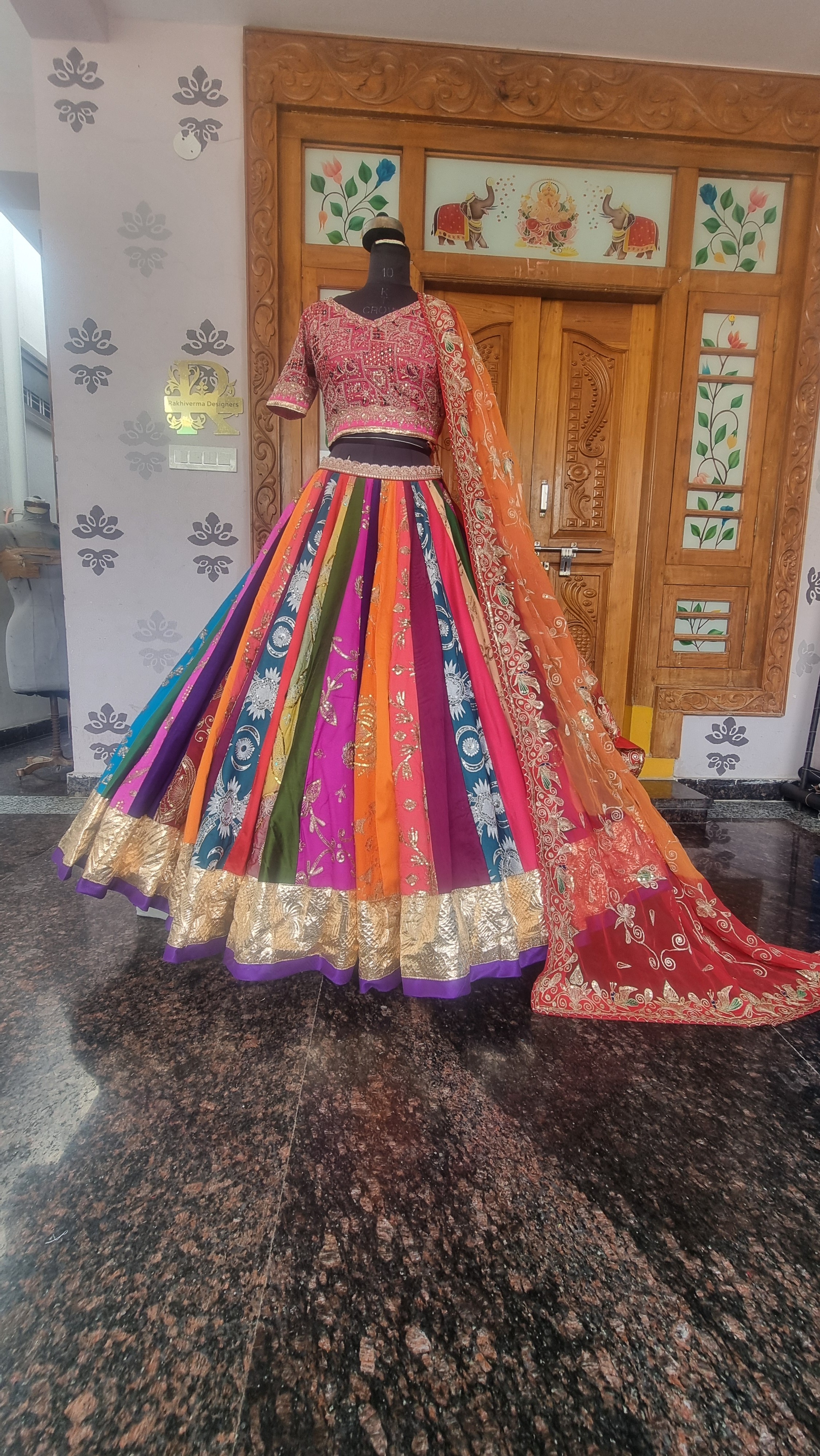 The Navrang Shimmer – Multi-Color Hand-Worked Lehenga with Pure Lampi Border