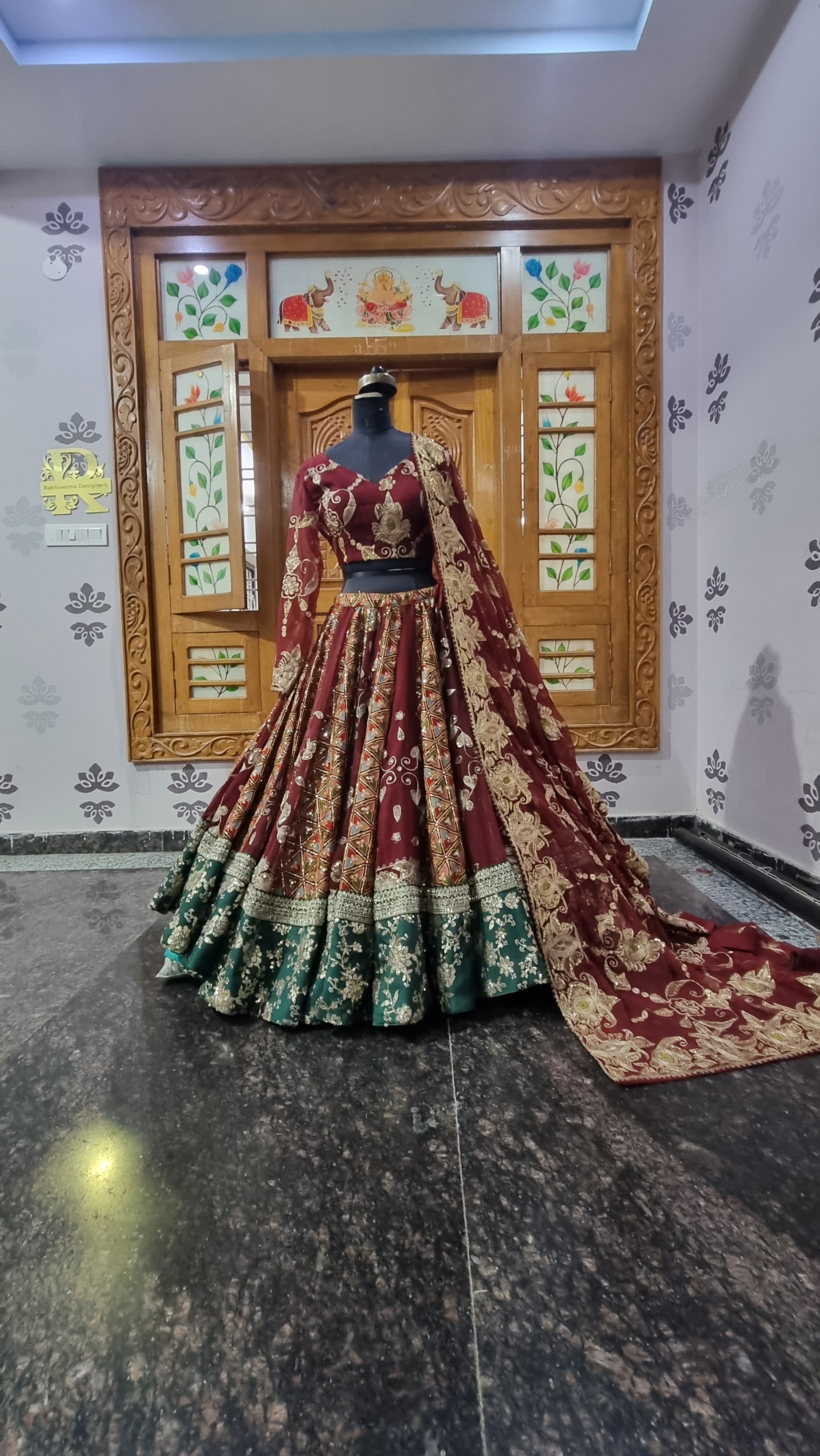 The Marwar Heritage – Maroon & Bottle Green Traditional Hand-Worked Lehenga