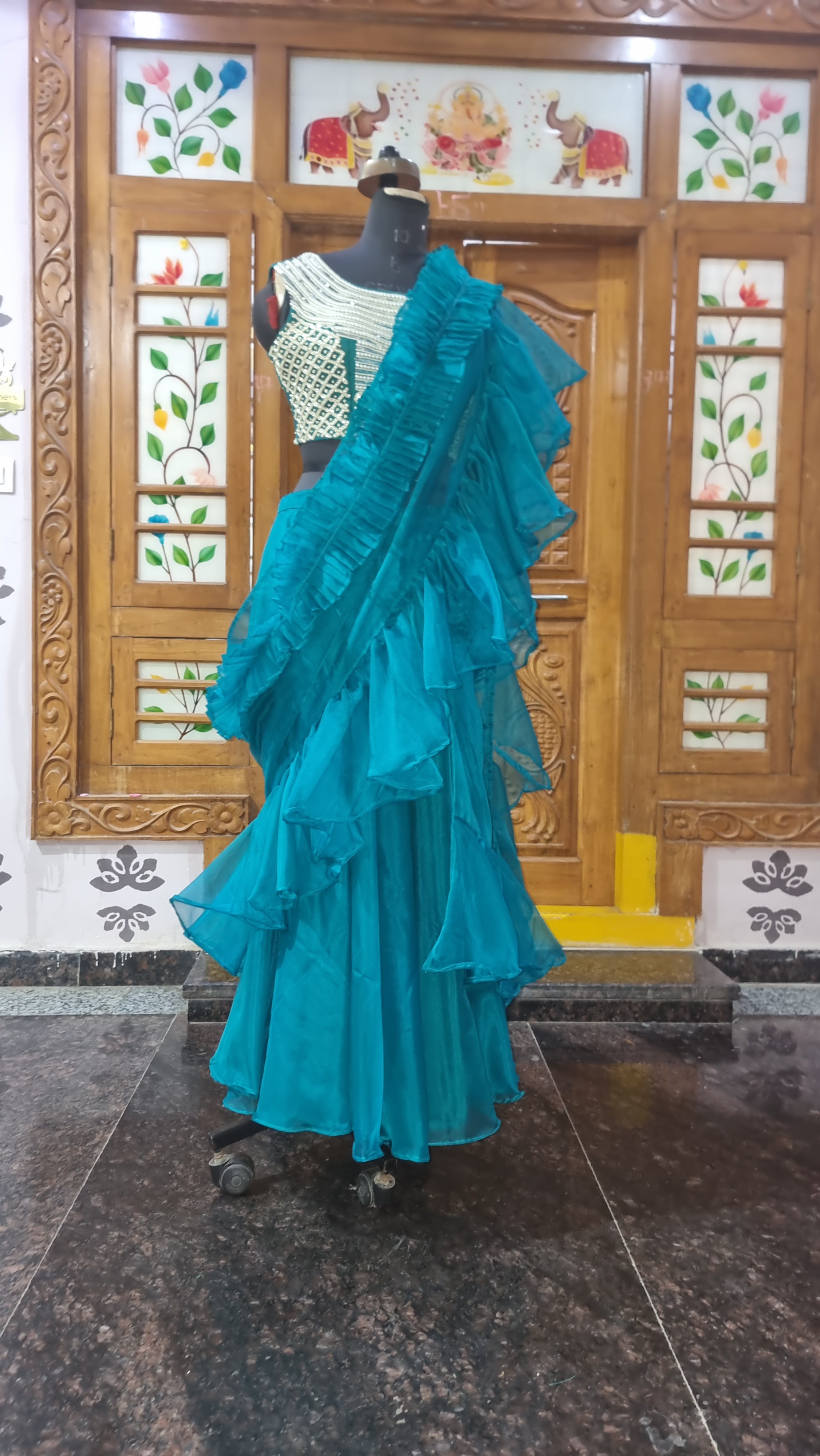 The Teal Cascade – Teal Green Ready-To-Wear Frill Saree