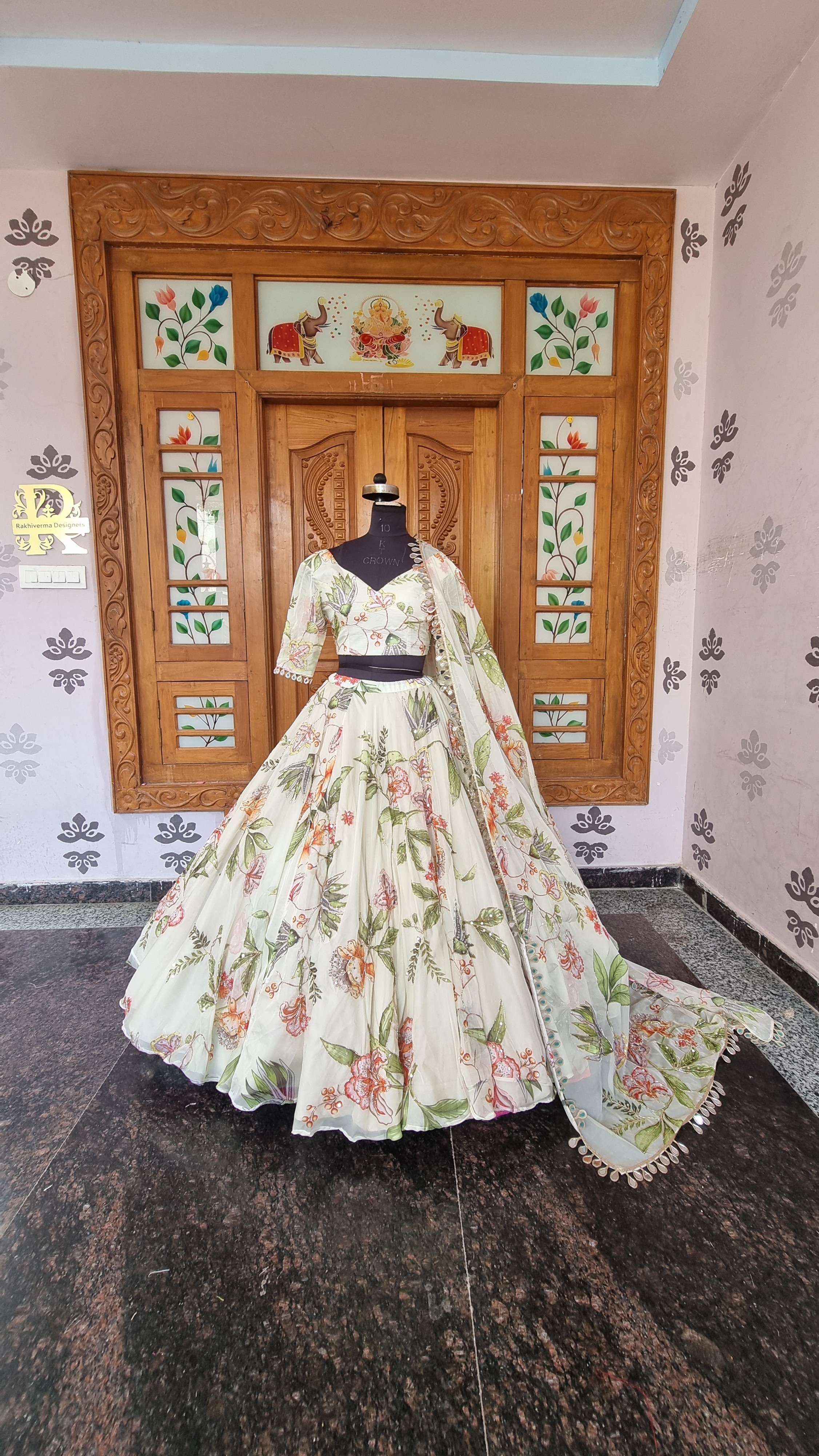 The Meadow Blossom – Off-White Organza Floral Lehenga Inspired by Mahima Mahajan