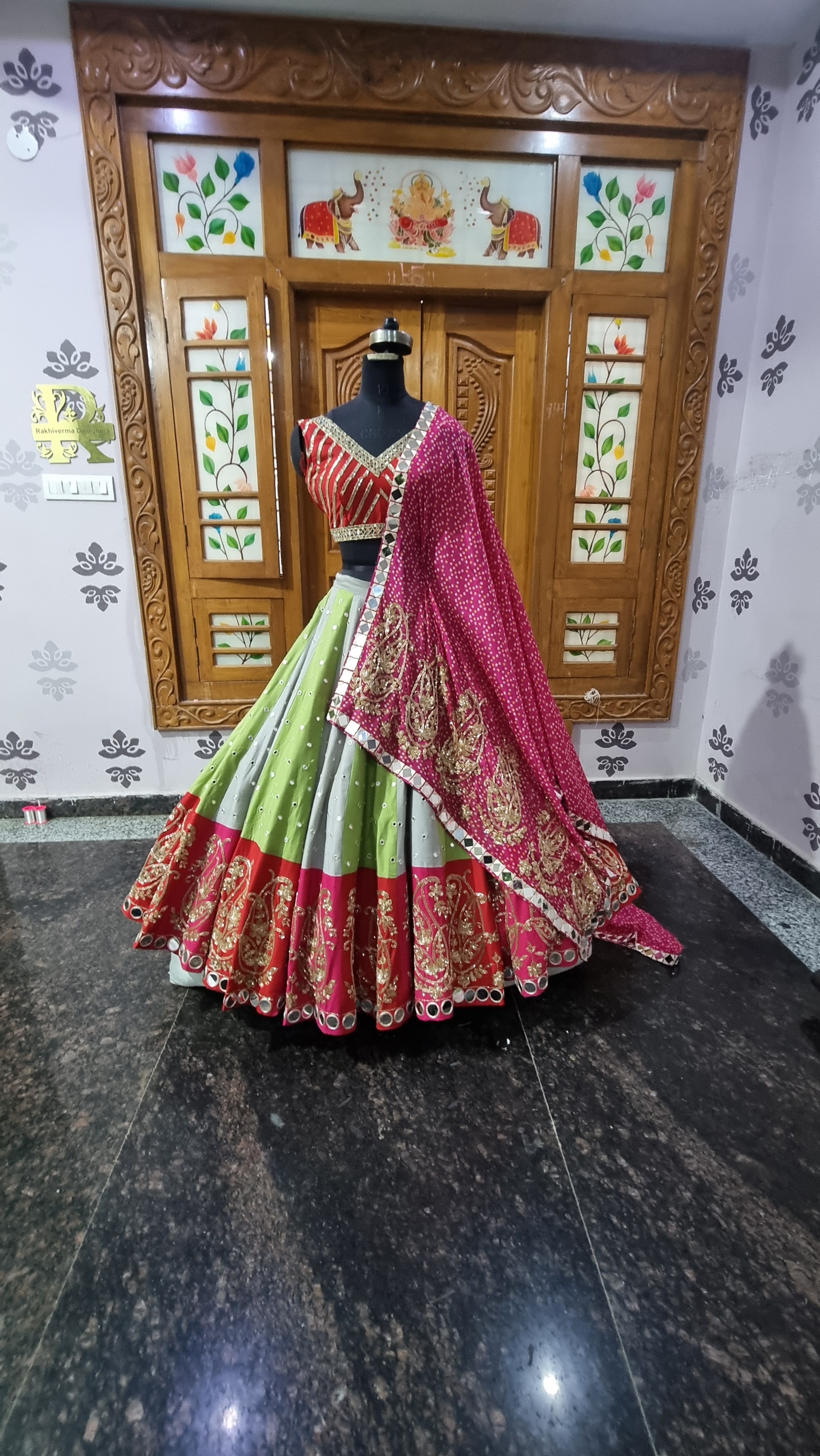 The Avanya Tissue Lehenga – Parrot Green & Silver Zardosi Masterpiece with Crimson Pink Dupatta