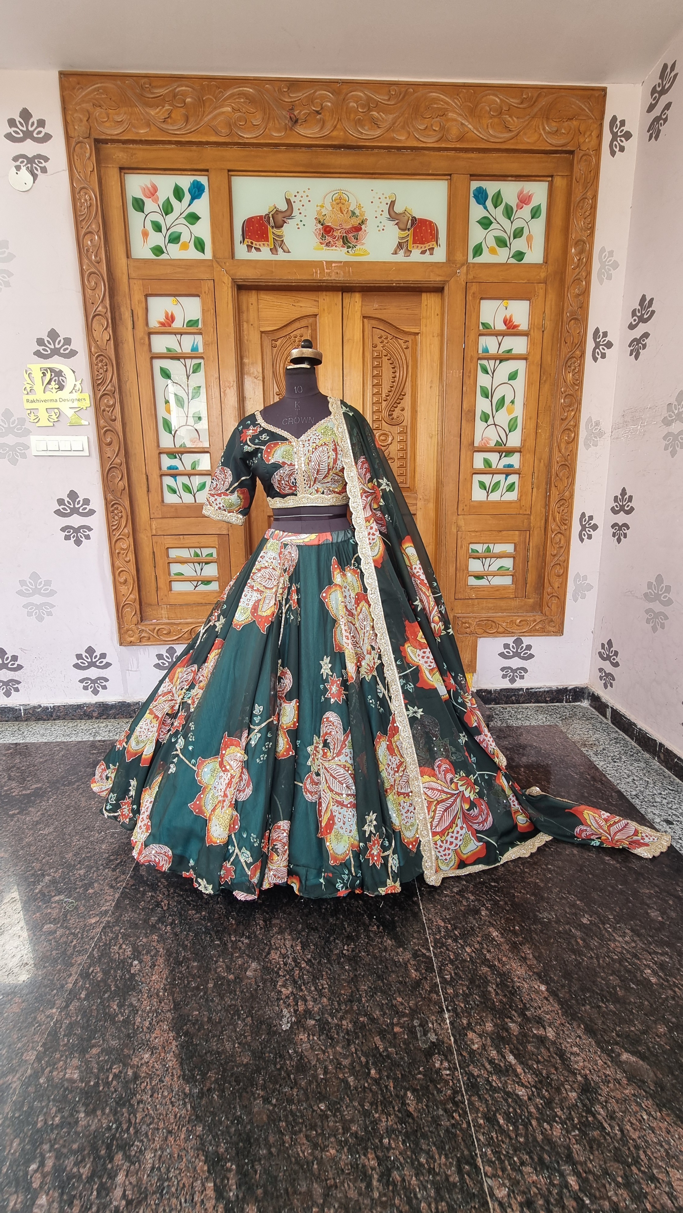 The Emerald Blossom – Bottle Green Digital Print Lehenga Inspired by Mahima Mahajan