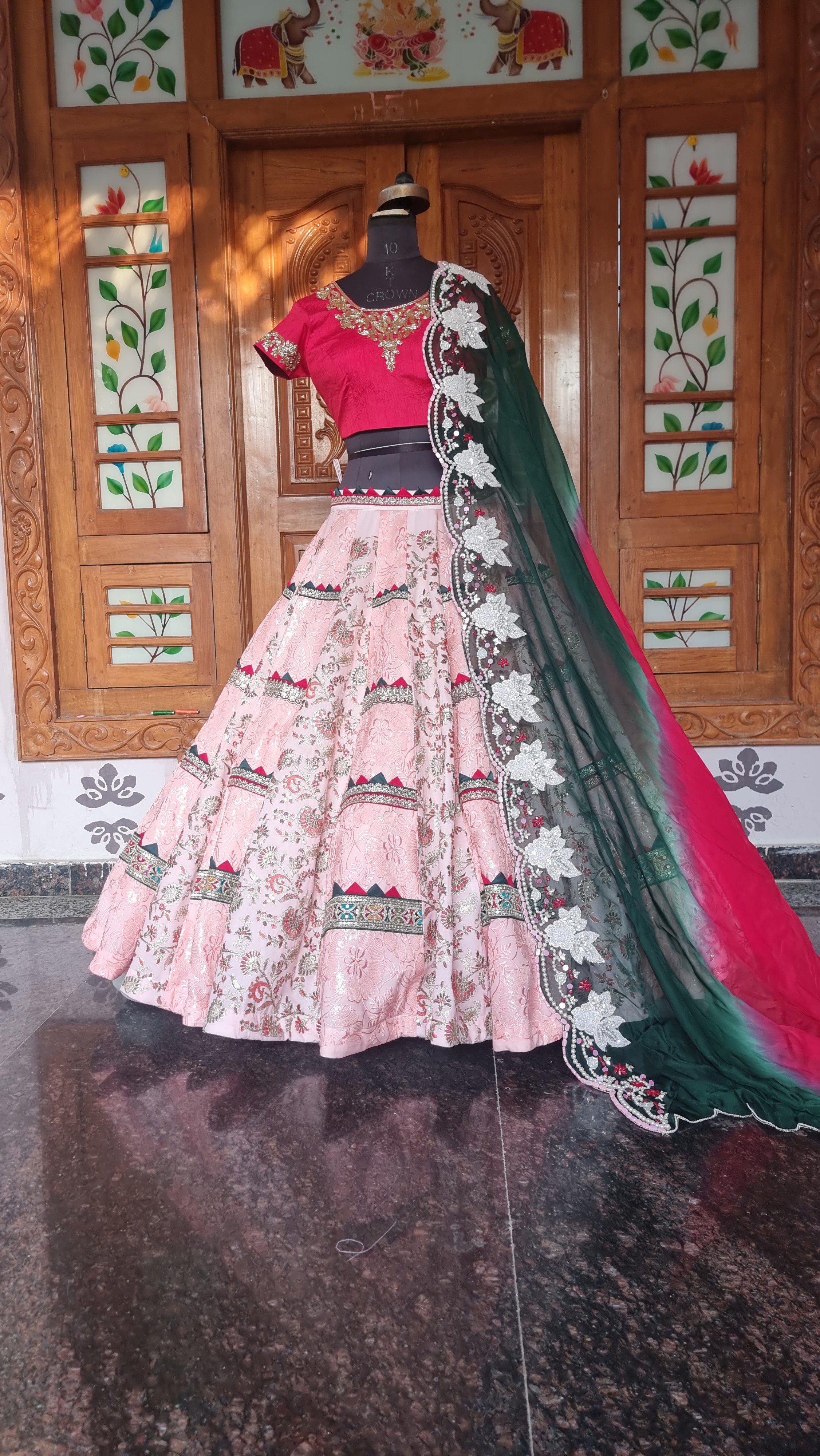 The Navadha Heritage – Peach Banarasi Kali Lehenga with Shaded Dupatta