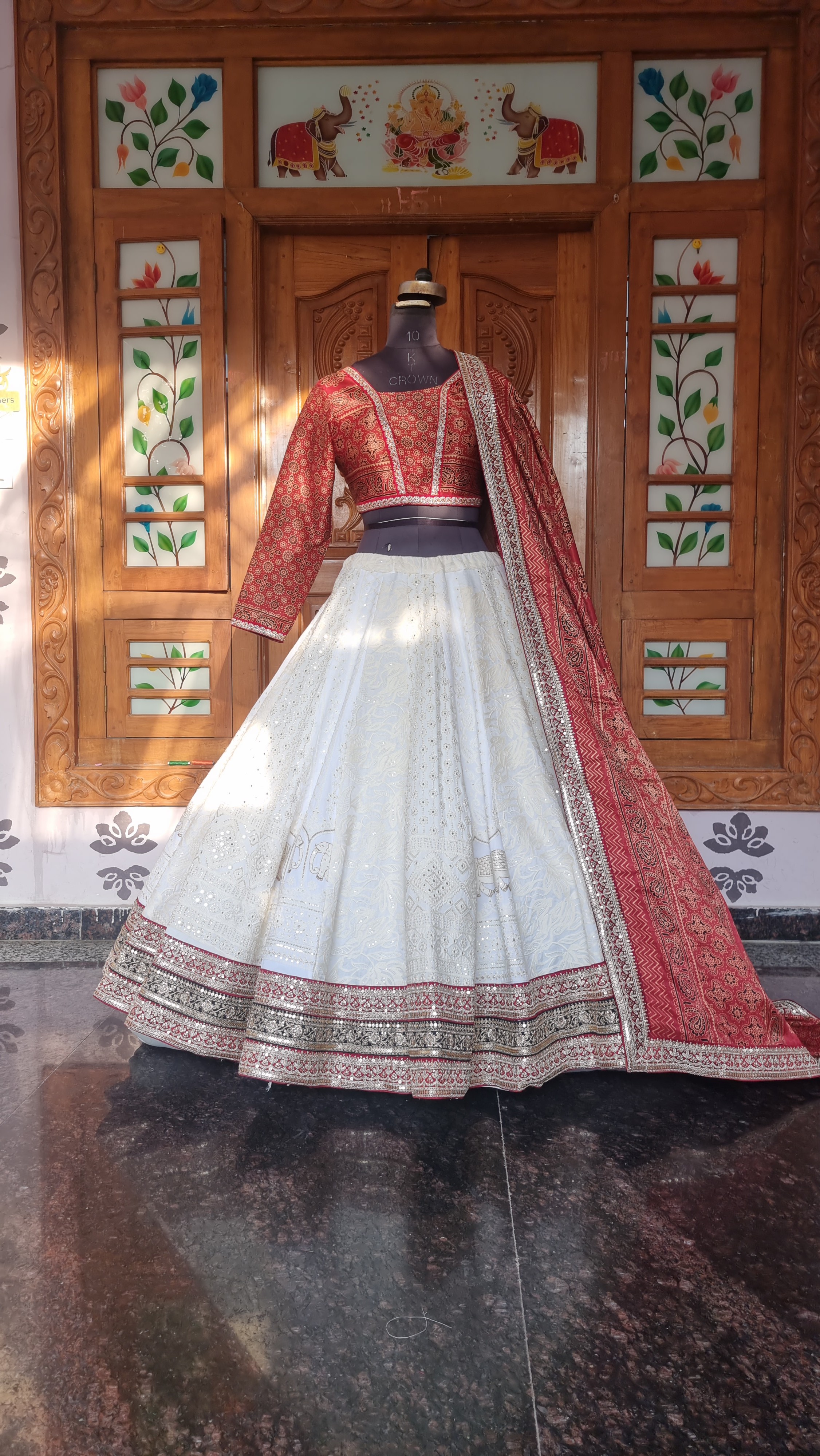 Ivory Chikankari Kali Lehenga with Crimson Patola Dupatta
