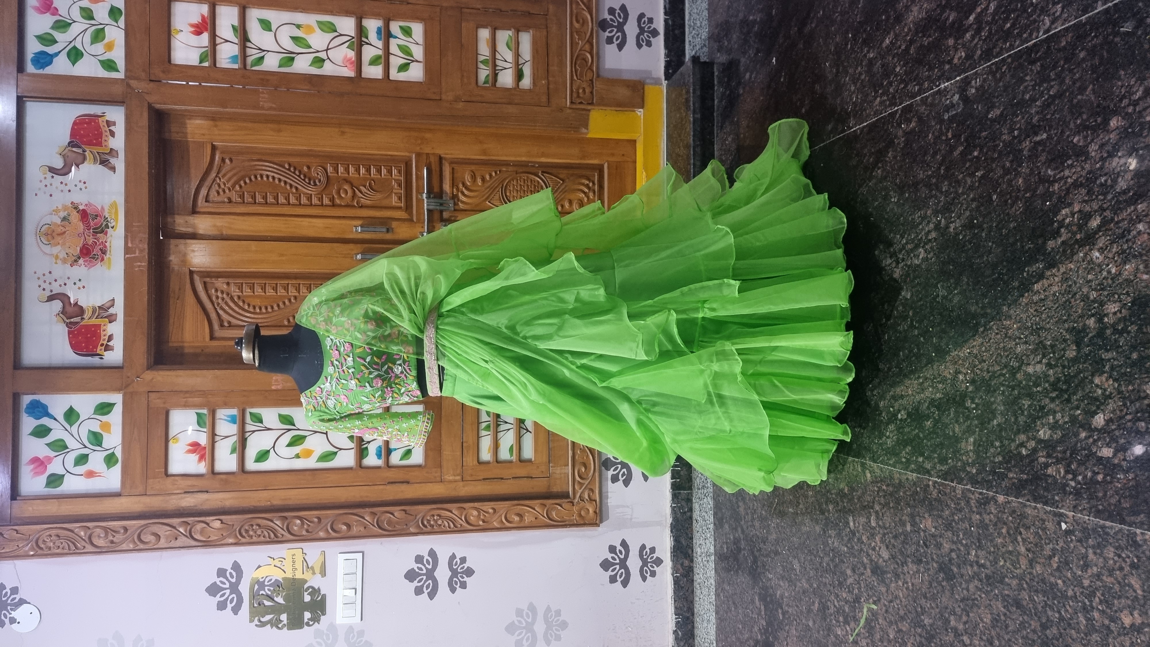 The Vrinda Ruffle – Lime Green Organza Saree with Floral Embroidered Blouse