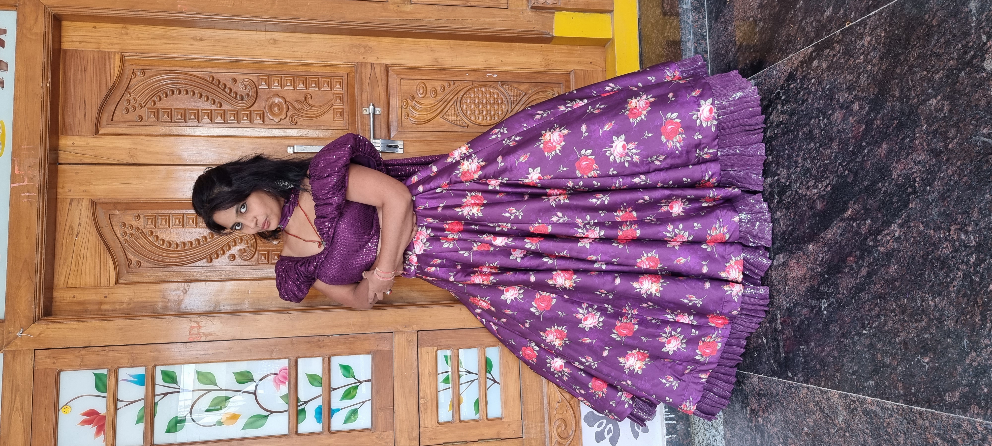 The Gulbagh Royal Orchid Floral Satin Lehenga